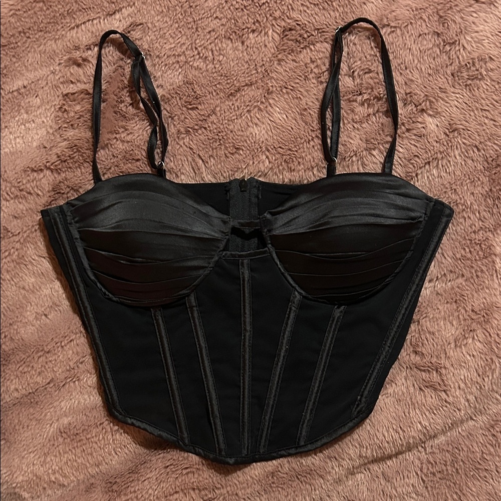 SEXY Satin Black Mesh Bustier Corset Bra crop top adjustable women MEDIUM